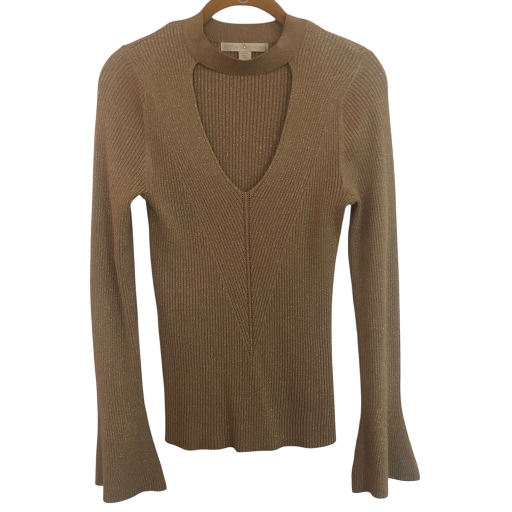 Boston Proper Gold Lurex Keyhole Knit Sweater Top Size M EUC